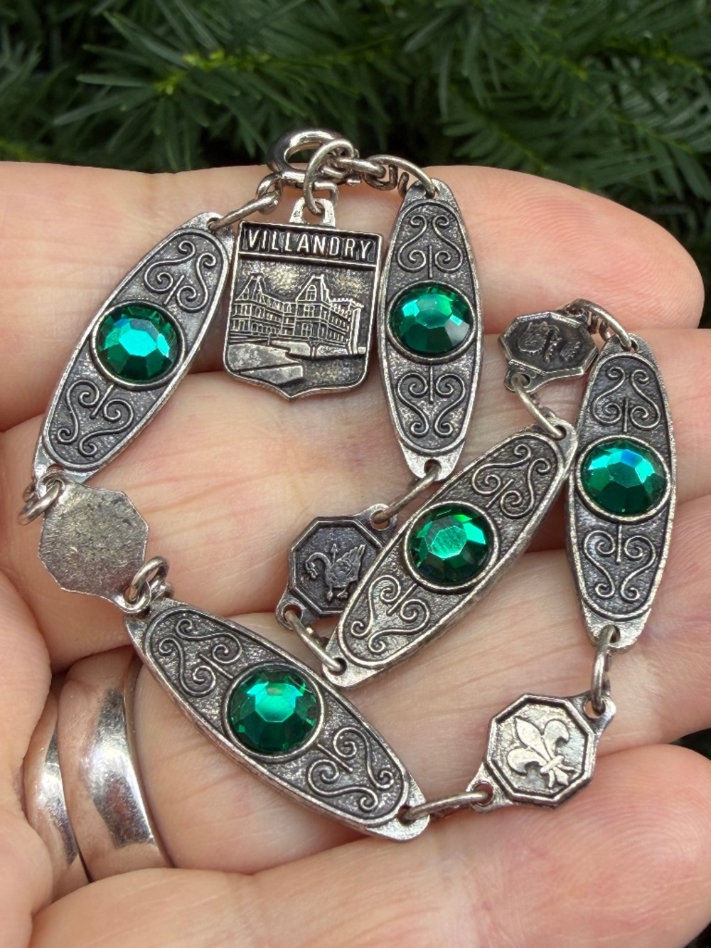 French CHATEAU de VILLANDRY Green Rhinestone Crystal Charm Bracelet fleur de lis